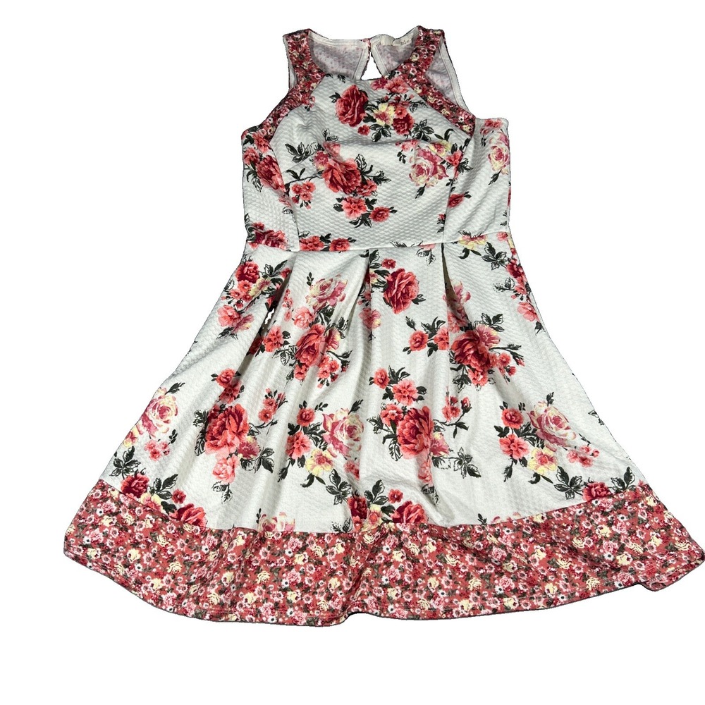 Rewind Formal Halter Floral Dress Size Medium Knee Length Cutout Back Pink Red